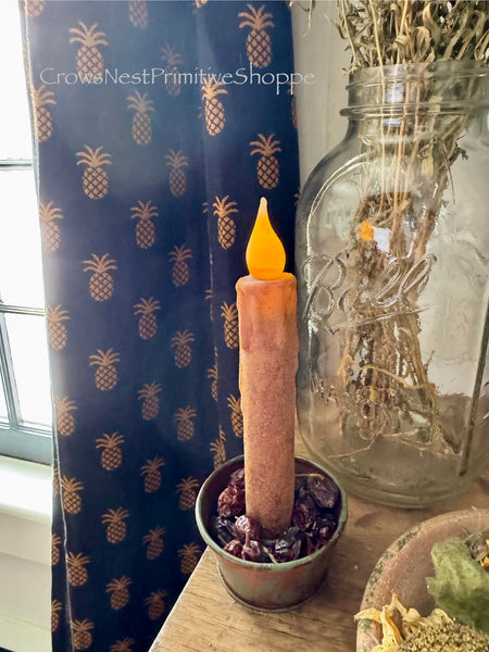 LED Timer Taper Candle 6 inch- with Metal Holder and Rosehips