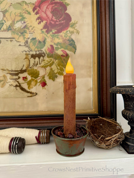 LED Timer Taper Candle 6 inch- with Metal Holder and Rosehips