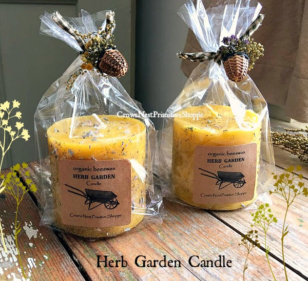 Beeswax Pillar Candle with herb garden basket